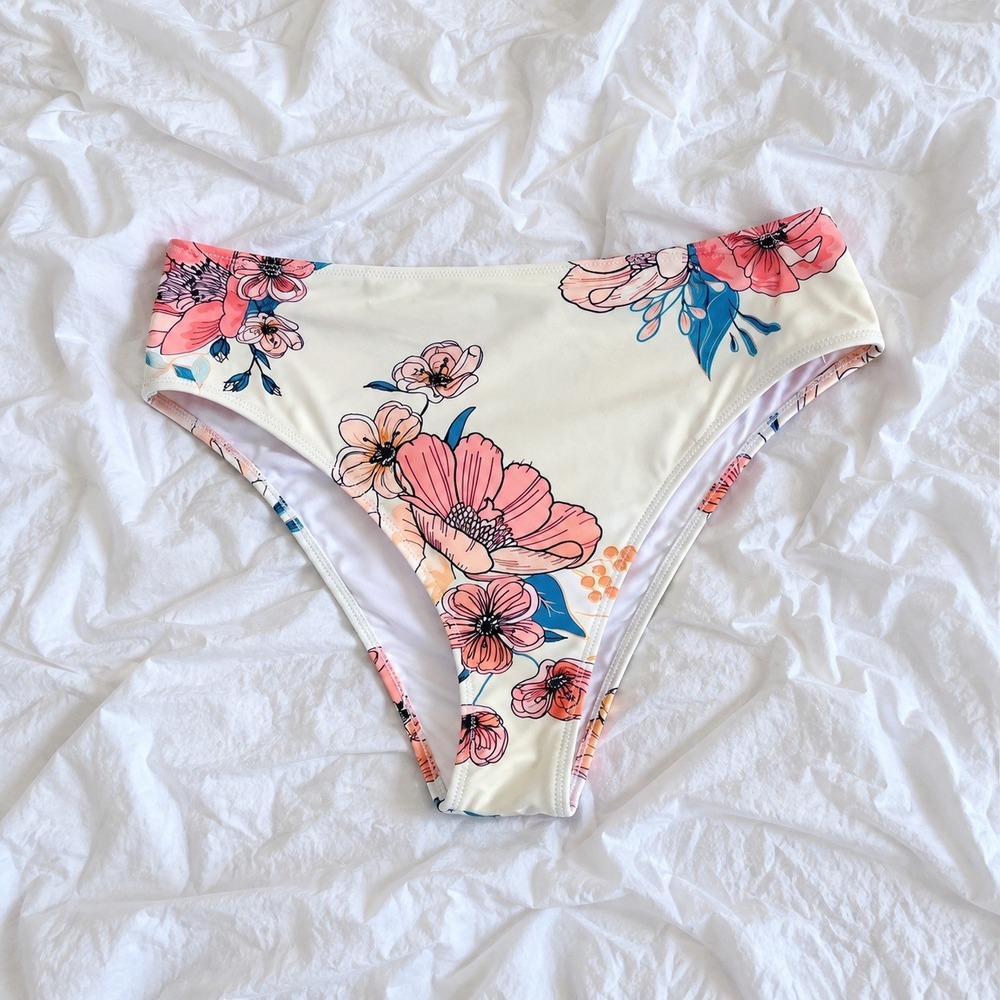 CUPSHE Cream Pink Floral High Cut Bikini Bottoms Swimwear X-Large